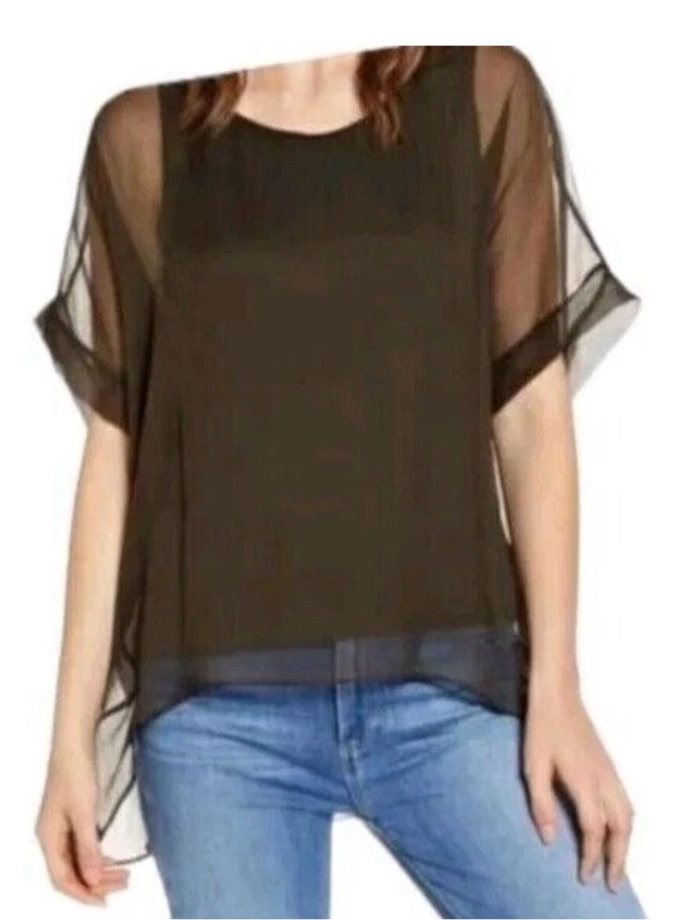 Bailey 44 Silk Sheer Overlay Blouse Olive Brown Medium